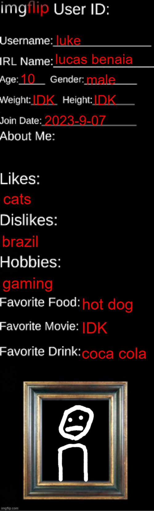 this is my IMD ID card | luke; lucas benaia; 10; male; IDK; IDK; 2023-9-07; cats; brazil; gaming; hot dog; IDK; coca cola | image tagged in imgflip id card,me | made w/ Imgflip meme maker