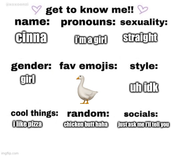 get to know me | cinna; straight; i’m a girl; 🪿; girl; uh idk; i like pizza; chicken butt haha; just ask me i’ll tell you | image tagged in get to know me | made w/ Imgflip meme maker