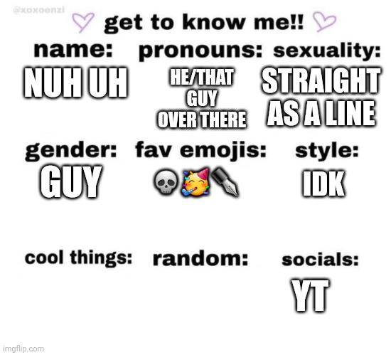 get to know me | HE/THAT GUY OVER THERE; STRAIGHT AS A LINE; NUH UH; 💀🥳✒; GUY; IDK; YT | image tagged in get to know me | made w/ Imgflip meme maker