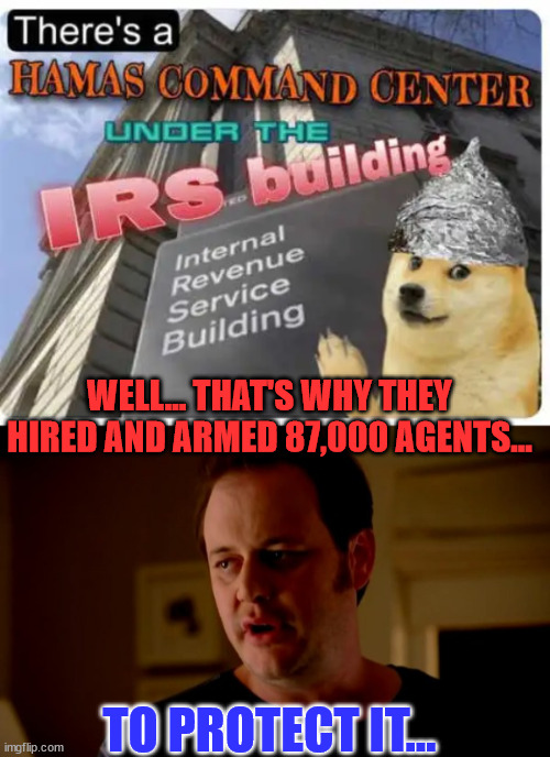 You didn't really think all those agents are going after rich people... | WELL... THAT'S WHY THEY HIRED AND ARMED 87,000 AGENTS... TO PROTECT IT... | image tagged in jake from state farm,irs,basement,terrorists | made w/ Imgflip meme maker