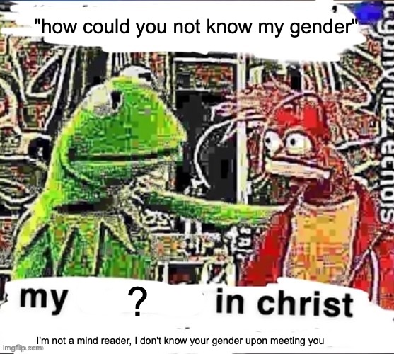 My brother in Christ | "how could you not know my gender"; ? I'm not a mind reader, I don't know your gender upon meeting you | image tagged in my brother in christ | made w/ Imgflip meme maker