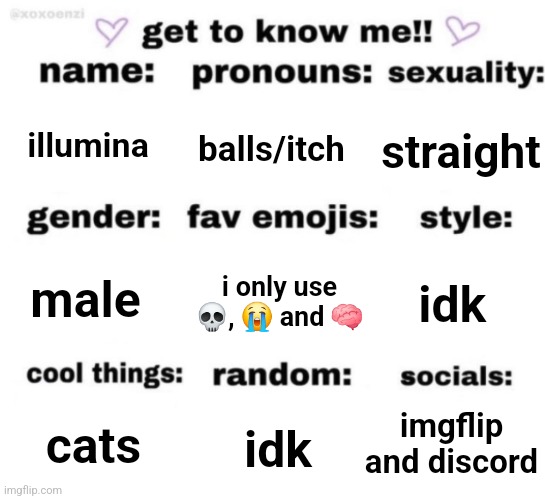 get to know me but better | illumina; balls/itch; straight; i only use 💀, 😭 and 🧠; idk; male; imgflip and discord; idk; cats | image tagged in get to know me but better | made w/ Imgflip meme maker