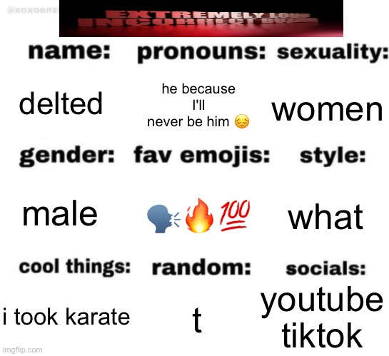 get to know me but better | delted; he because I'll never be him 😔; women; 🗣️🔥💯; what; male; youtube
tiktok; t; i took karate | image tagged in get to know me but better | made w/ Imgflip meme maker