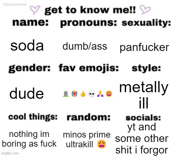 oh wala i hate ni- | soda; dumb/ass; panfucker; 🪦😭👍💀🙏😩; metally ill; dude; yt and some other shit i forgor; minos prime ultrakill 😩; nothing im boring as fuck | image tagged in get to know me but better | made w/ Imgflip meme maker