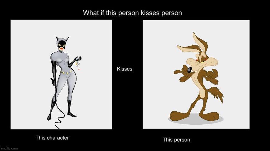 if catwoman kissed wile e coyote | image tagged in what if this person kisses character | made w/ Imgflip meme maker
