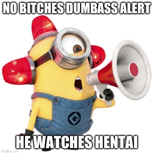 Link in desc | NO BITCHES DUMBASS ALERT; HE WATCHES HENTAI | image tagged in minion alert | made w/ Imgflip meme maker