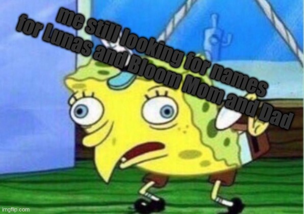 fr | me still looking for names for Lunas and Bloom Mom and Dad | image tagged in memes,mocking spongebob | made w/ Imgflip meme maker