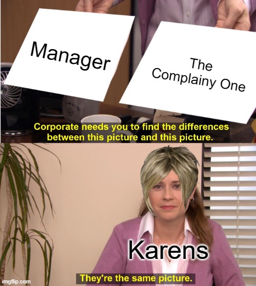 They're the same picture | Manager; The Complainy One; Karens | image tagged in memes,they're the same picture,karens,complaining,bruh | made w/ Imgflip meme maker