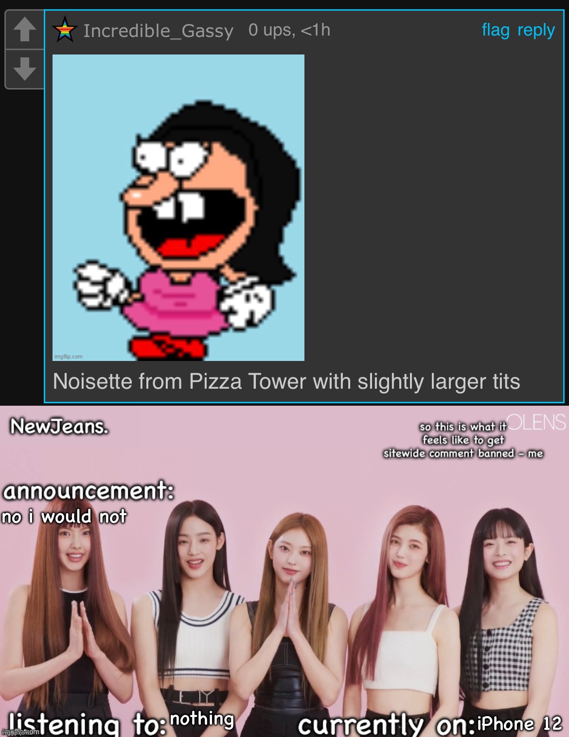 no i would not; nothing; iPhone 12 | image tagged in newjeans announcement temp | made w/ Imgflip meme maker