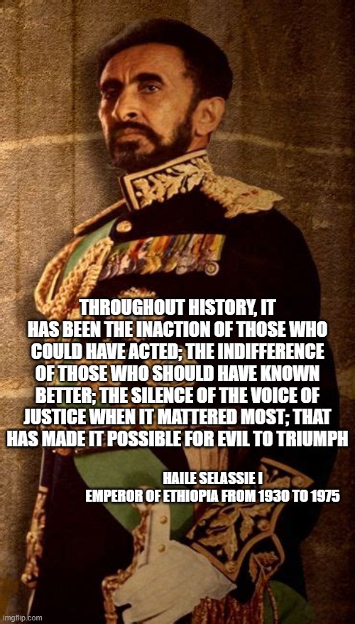 He's right you know | THROUGHOUT HISTORY, IT HAS BEEN THE INACTION OF THOSE WHO COULD HAVE ACTED; THE INDIFFERENCE OF THOSE WHO SHOULD HAVE KNOWN BETTER; THE SILENCE OF THE VOICE OF JUSTICE WHEN IT MATTERED MOST; THAT HAS MADE IT POSSIBLE FOR EVIL TO TRIUMPH; HAILE SELASSIE I
EMPEROR OF ETHIOPIA FROM 1930 TO 1975 | image tagged in haile selassie,evil to triump,history memes,history | made w/ Imgflip meme maker