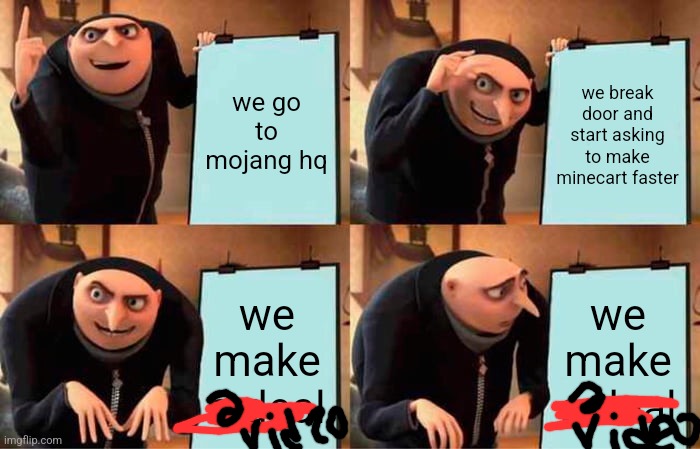 camman18 | we go to mojang hq; we break door and start asking to make minecart faster; we make a deal; we make a deal | image tagged in memes,gru's plan,yes | made w/ Imgflip meme maker
