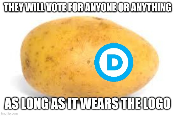 Potato | THEY WILL VOTE FOR ANYONE OR ANYTHING AS LONG AS IT WEARS THE LOGO | image tagged in potato | made w/ Imgflip meme maker