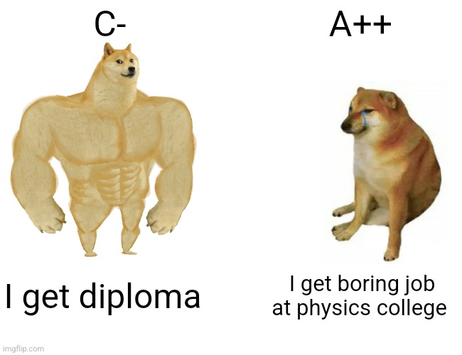 Boring physics job | C-; A++; I get diploma; I get boring job at physics college | image tagged in memes,buff doge vs cheems,school | made w/ Imgflip meme maker
