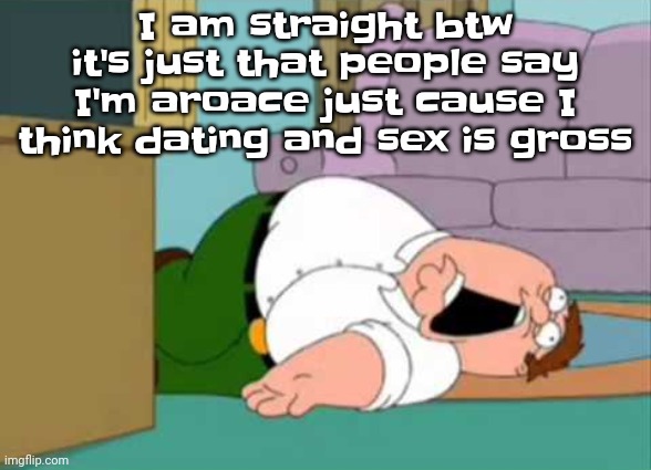 Like bro I don't wanna have to hear someone yap all the time and also you gettin a footlong shoved in you how does that not hurt | I am straight btw it's just that people say I'm aroace just cause I think dating and sex is gross | image tagged in dead peter griffin | made w/ Imgflip meme maker