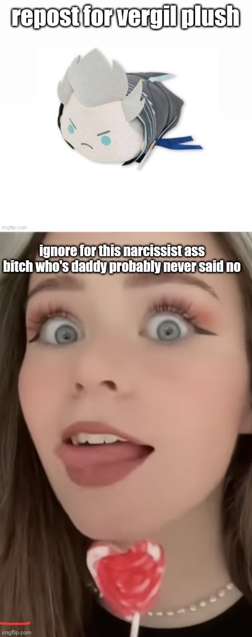 repost for vergil plush; ignore for this narcissist ass bitch who's daddy probably never said no | image tagged in vergil plush | made w/ Imgflip meme maker