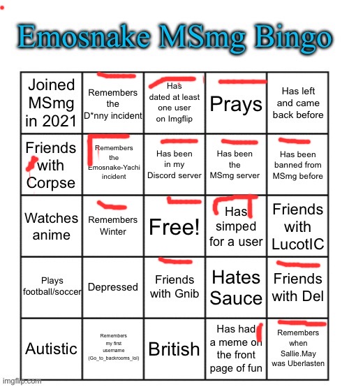 . | image tagged in emosnake msmg bingo | made w/ Imgflip meme maker