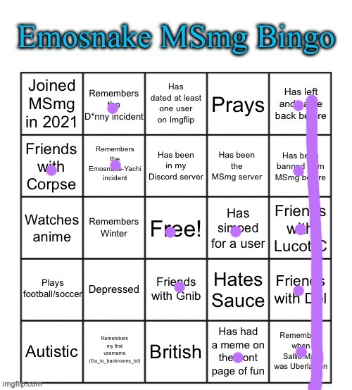 i think the most ive been banned from msmg was like 2 hours i forgor why | image tagged in emosnake msmg bingo | made w/ Imgflip meme maker
