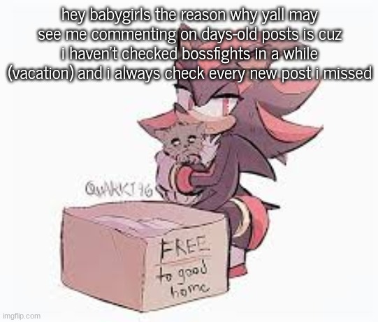 shadow with kitty | hey babygirls the reason why yall may see me commenting on days-old posts is cuz i haven't checked bossfights in a while (vacation) and i always check every new post i missed | image tagged in shadow with kitty | made w/ Imgflip meme maker