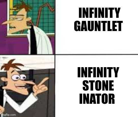 Infinity stone inator | INFINITY GAUNTLET; INFINITY STONE INATOR | image tagged in dr doofenshmirtz,marvel | made w/ Imgflip meme maker