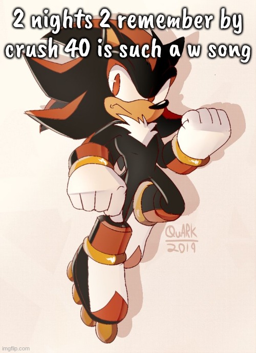 shadow with actual rollerskates | 2 nights 2 remember by crush 40 is such a w song | image tagged in shadow with actual rollerskates | made w/ Imgflip meme maker