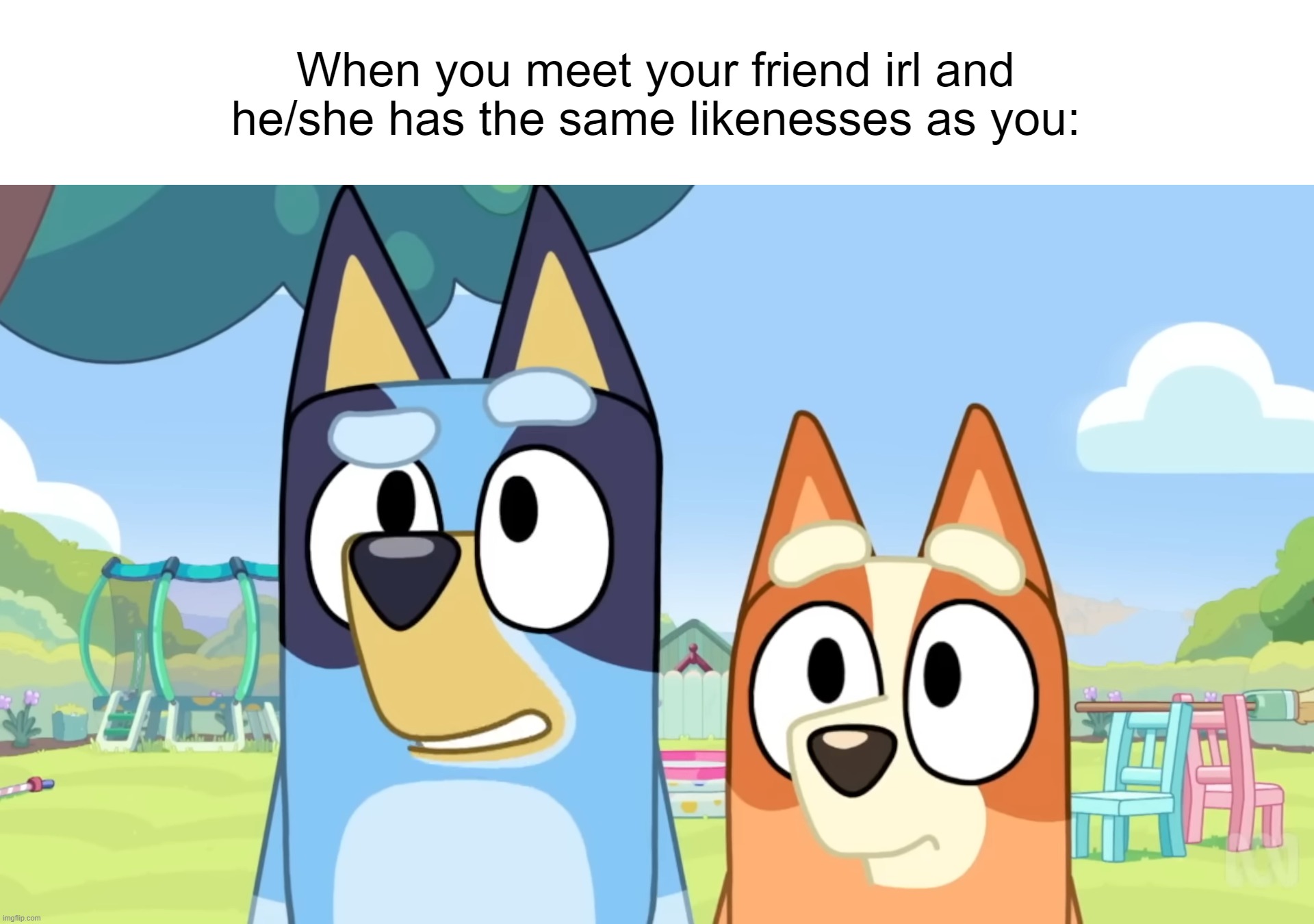 When you meet your friend irl and he/she has the same likenesses as you: | image tagged in bluey | made w/ Imgflip meme maker