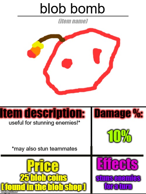 Item-shop extended | blob bomb; useful for stunning enemies!*
 
 
 
*may also stun teammates; 10%; 25 blob coins
[ found in the blob shop ]; stuns enemies for a turn | image tagged in item-shop extended | made w/ Imgflip meme maker