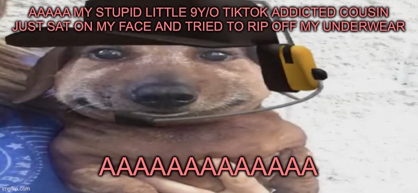 chucklenuts | AAAAA MY STUPID LITTLE 9Y/O TIKTOK ADDICTED COUSIN JUST SAT ON MY FACE AND TRIED TO RIP OFF MY UNDERWEAR; AAAAAAAAAAAAA | image tagged in chucklenuts | made w/ Imgflip meme maker