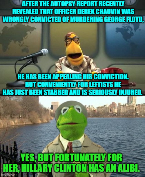 Yes, this has just happened to him.  Interesting, eh? | AFTER THE AUTOPSY REPORT RECENTLY REVEALED THAT OFFICER DEREK CHAUVIN WAS WRONGLY CONVICTED OF MURDERING GEORGE FLOYD, HE HAS BEEN APPEALING HIS CONVICTION.  BUT CONVENIENTLY FOR LEFTISTS HE HAS JUST BEEN STABBED AND IS SERIOUSLY INJURED. YES, BUT FORTUNATELY FOR HER, HILLARY CLINTON HAS AN ALIBI. | image tagged in muppet news flash | made w/ Imgflip meme maker