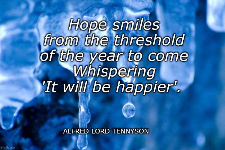 New Years Anew | Hope smiles from the threshold of the year to come
Whispering 'It will be happier'. ALFRED LORD TENNYSON | image tagged in happy new year,new years,hope,happy new years,2024 | made w/ Imgflip meme maker