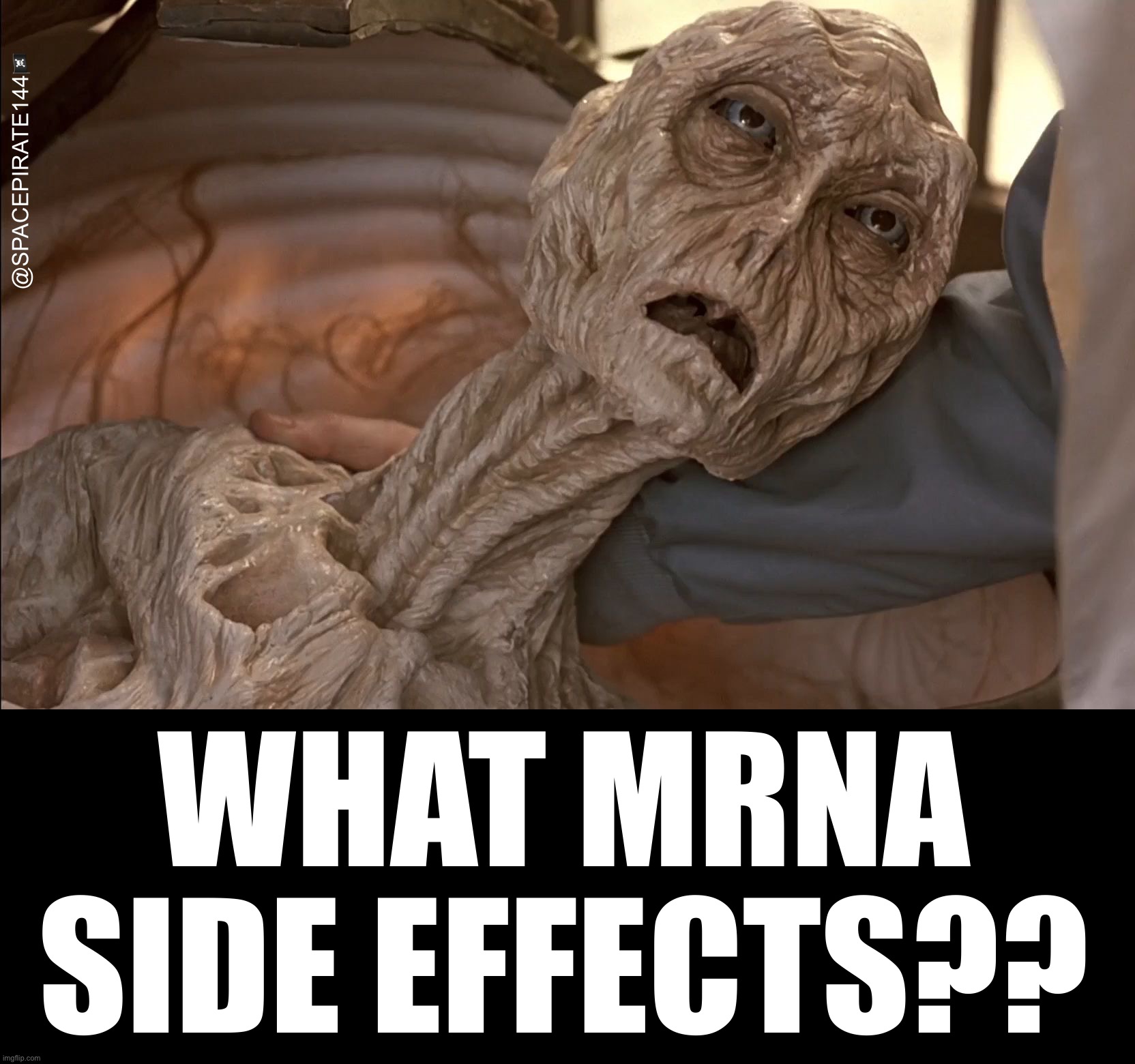 What mRNA Side Effects? | @SPACEPIRATE144🏴‍☠️; WHAT MRNA SIDE EFFECTS?? | image tagged in mrna,vaccines,antivax,novaccines,experimentalvaccines | made w/ Imgflip meme maker