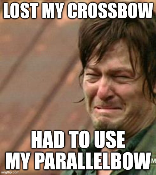 Get it? | LOST MY CROSSBOW; HAD TO USE MY PARALLELBOW | image tagged in daryl walking dead,i am on the verge of killing twenty two hamsters | made w/ Imgflip meme maker