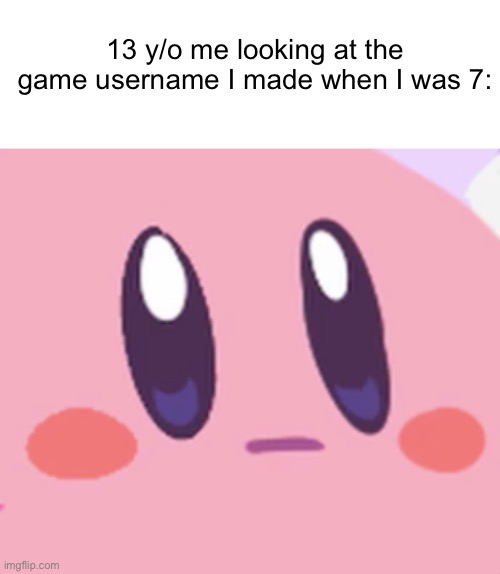 my minecraft gamertag rn bro | 13 y/o me looking at the game username I made when I was 7: | image tagged in blank kirby face | made w/ Imgflip meme maker