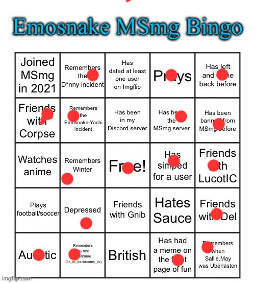 Joined in 2020 and the saucekuum annoyed me but I don't hate ppl | image tagged in emosnake msmg bingo | made w/ Imgflip meme maker