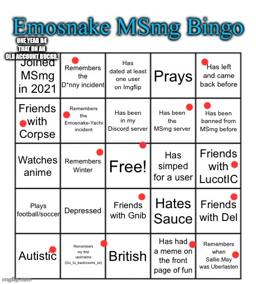 Emosnake MSmg Bingo | ONE YEAR B4 THAT ON AN OLD ACCOUNT BUCKO. | image tagged in emosnake msmg bingo | made w/ Imgflip meme maker