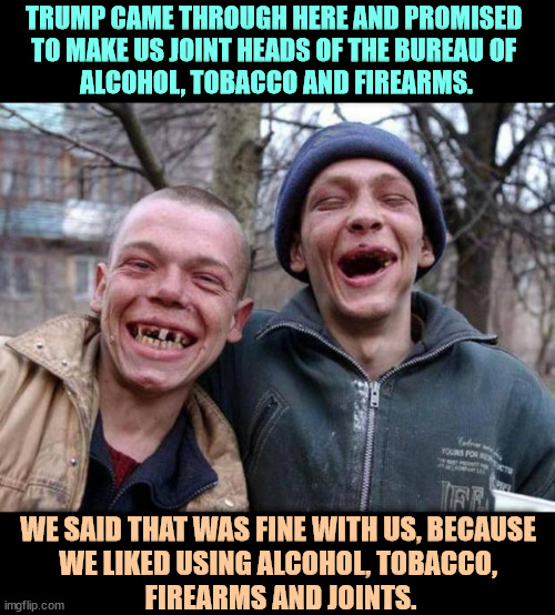Born naturals | TRUMP CAME THROUGH HERE AND PROMISED 
TO MAKE US JOINT HEADS OF THE BUREAU OF 
ALCOHOL, TOBACCO AND FIREARMS. WE SAID THAT WAS FINE WITH US, BECAUSE 
WE LIKED USING ALCOHOL, TOBACCO, 
FIREARMS AND JOINTS. | image tagged in no teeth,trump,alcohol,tobacco,firearms,joints | made w/ Imgflip meme maker