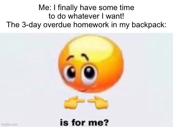 No,I do not have time for you,impossible math equations. | Me: I finally have some time to do whatever I want!
The 3-day overdue homework in my backpack: | image tagged in is for me,homework,math,time,annoying | made w/ Imgflip meme maker