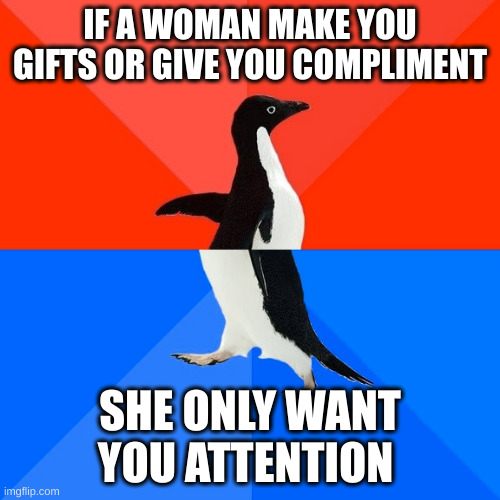 compliment | IF A WOMAN MAKE YOU GIFTS OR GIVE YOU COMPLIMENT; SHE ONLY WANT YOU ATTENTION | image tagged in memes,socially awesome awkward penguin | made w/ Imgflip meme maker