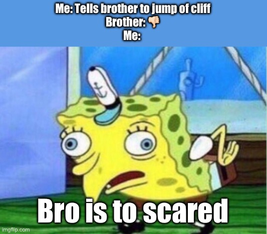 Bro don’t be scaredy wardey | Me: Tells brother to jump of cliff
Brother: 👎🏻
Me:; Bro is to scared | image tagged in memes,mocking spongebob | made w/ Imgflip meme maker