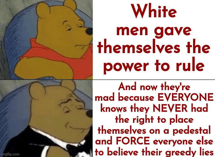 The Majority Disagrees And Have Disagreed For Over A Century | White men gave themselves the power to rule; And now they're mad because EVERYONE knows they NEVER had the right to place themselves on a pedestal and FORCE everyone else to believe their greedy lies | image tagged in memes,tuxedo winnie the pooh,rich white men,arrogant rich man,white supremacy,white man | made w/ Imgflip meme maker
