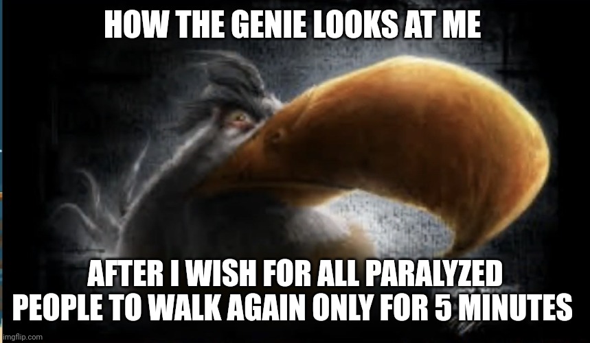Realistic Mighty Eagle | HOW THE GENIE LOOKS AT ME; AFTER I WISH FOR ALL PARALYZED PEOPLE TO WALK AGAIN ONLY FOR 5 MINUTES | image tagged in realistic mighty eagle | made w/ Imgflip meme maker