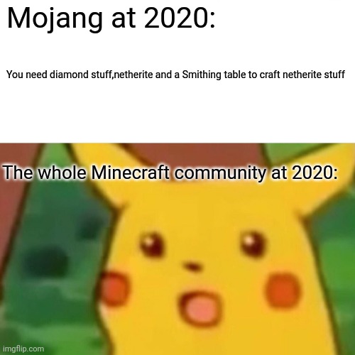 Minecraft at 2020 be like: | Mojang at 2020:; You need diamond stuff,netherite and a Smithing table to craft netherite stuff; The whole Minecraft community at 2020: | image tagged in memes,surprised pikachu | made w/ Imgflip meme maker