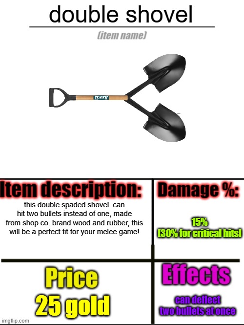 buy now at the imgshop! | double shovel; this double spaded shovel  can hit two bullets instead of one, made from shop co. brand wood and rubber, this will be a perfect fit for your melee game! 15%
[30% for critical hits]; 25 gold; can deflect two bullets at once | image tagged in item-shop extended | made w/ Imgflip meme maker
