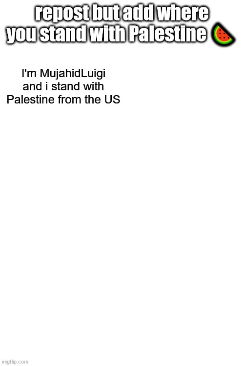 W | repost but add where you stand with Palestine 🍉; I'm MujahidLuigi and i stand with Palestine from the US | made w/ Imgflip meme maker