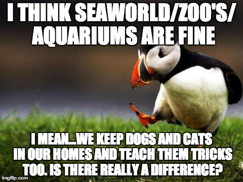 Unpopular Opinion Puffin Meme | I THINK SEAWORLD/ZOO'S/ AQUARIUMS ARE FINE I MEAN...WE KEEP DOGS AND CATS IN OUR HOMES AND TEACH THEM TRICKS TOO. IS THERE REALLY A DIFFEREN | image tagged in memes,unpopular opinion puffin,AdviceAnimals | made w/ Imgflip meme maker