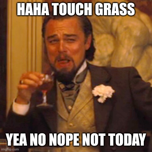Laughing Leo | HAHA TOUCH GRASS; YEA NO NOPE NOT TODAY | image tagged in memes,laughing leo | made w/ Imgflip meme maker