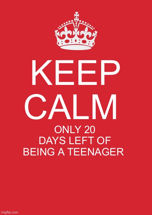 Only 20 days left of being a teenager | KEEP CALM; ONLY 20 DAYS LEFT OF BEING A TEENAGER | image tagged in memes,keep calm and carry on red | made w/ Imgflip meme maker