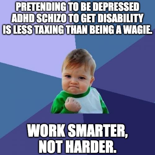 Success Kid | PRETENDING TO BE DEPRESSED ADHD SCHIZO TO GET DISABILITY IS LESS TAXING THAN BEING A WAGIE. WORK SMARTER, NOT HARDER. | image tagged in memes,success kid,disability,wagie,social security,welfare | made w/ Imgflip meme maker