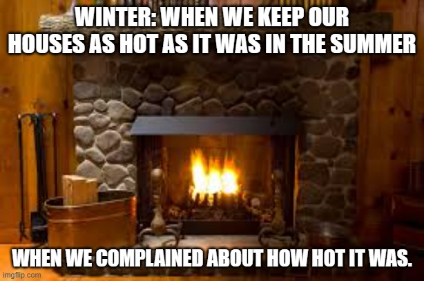 meme by Brad winter vs. summer heat | WINTER: WHEN WE KEEP OUR HOUSES AS HOT AS IT WAS IN THE SUMMER; WHEN WE COMPLAINED ABOUT HOW HOT IT WAS. | image tagged in seasons | made w/ Imgflip meme maker