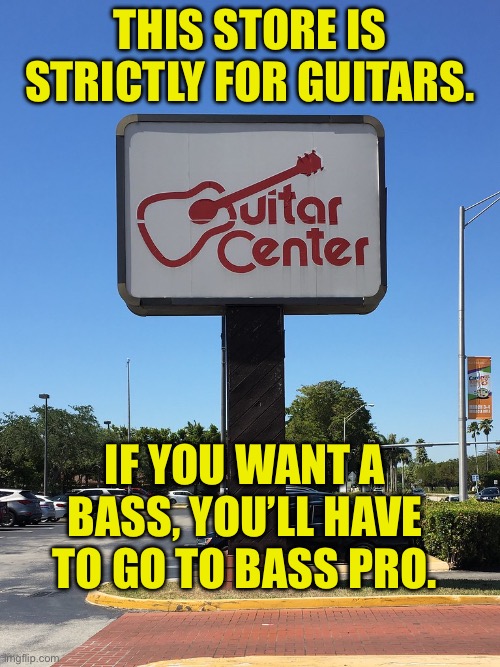 Know the difference | THIS STORE IS STRICTLY FOR GUITARS. IF YOU WANT A BASS, YOU’LL HAVE TO GO TO BASS PRO. | image tagged in dad joke | made w/ Imgflip meme maker