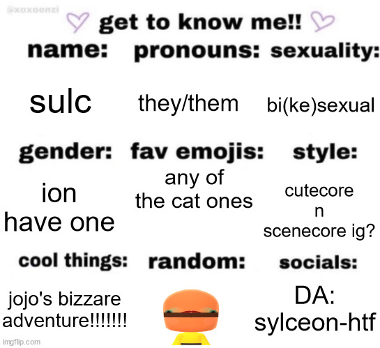 get to know me but better | sulc; they/them; bi(ke)sexual; any of the cat ones; cutecore n scenecore ig? ion have one; DA: sylceon-htf; jojo's bizzare adventure!!!!!!! | image tagged in get to know me but better | made w/ Imgflip meme maker